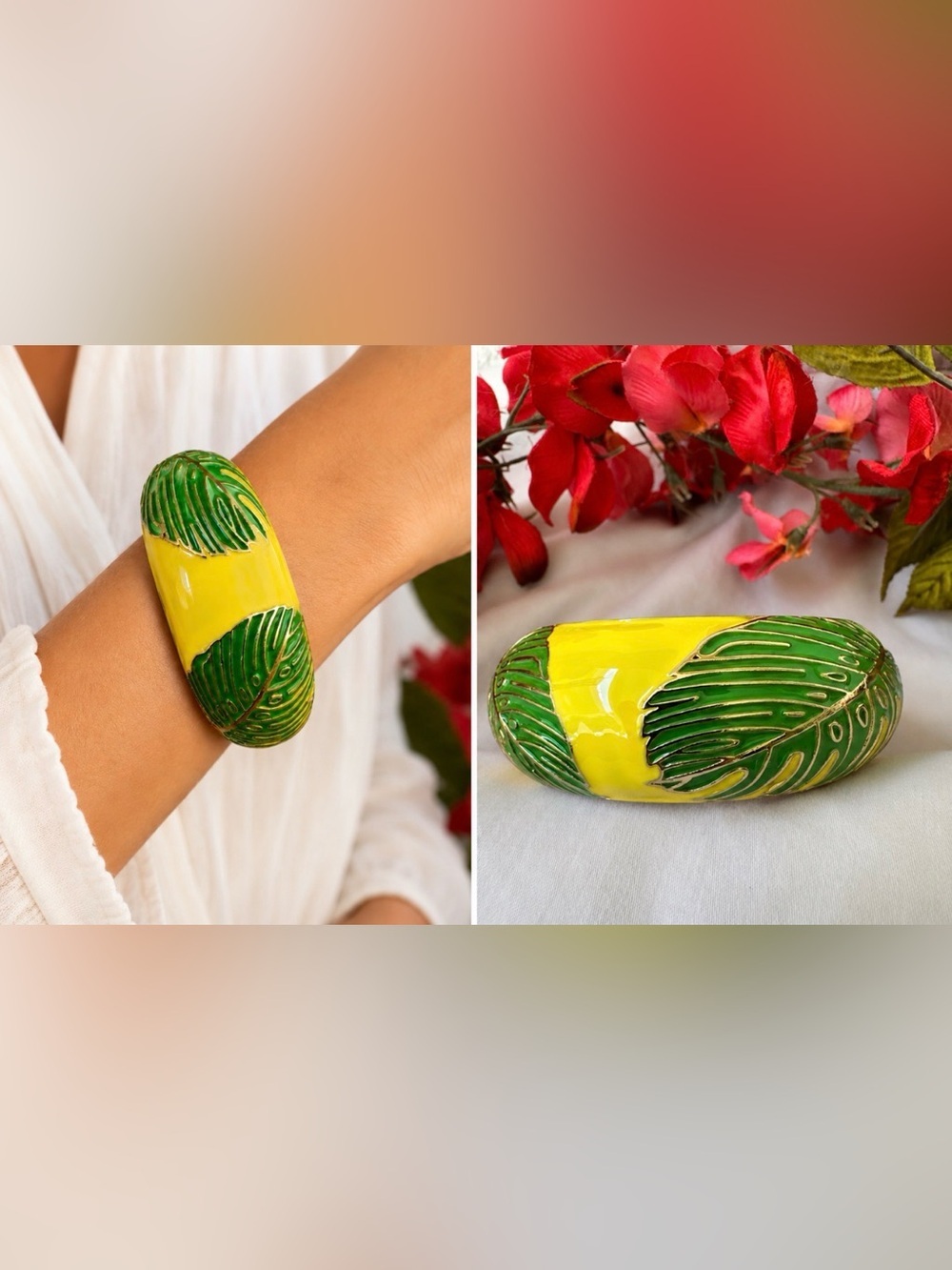 Yellow Green Enamel Cloisonne Bangle Bracelet 1.5" Wide Leaves Summer Hinged NEW